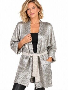 Grifflin Paris Metallic Silver Cardigan S/M Belted Open Front Party Sweater